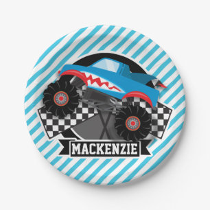 Shark Monster Truck; geruite vlag; blauwe strepen Papieren Bordje