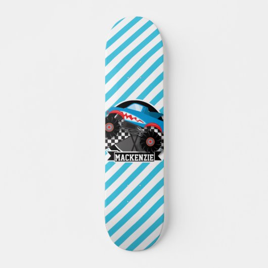 Shark Monster Truck; geruite vlag; blauwe strepen Persoonlijk Skateboard (Voorkant)