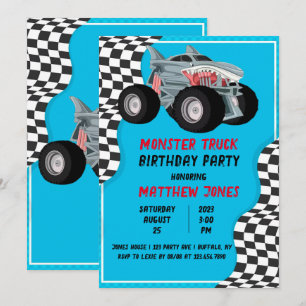 Shark Monster Truck Racing Flag Birthday Party Kaart