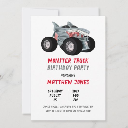 Shark Monster Truck Racing Flag Birthday Party Kaart (Voorkant)