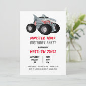 Shark Monster Truck Racing Flag Birthday Party Kaart (Staand voorkant)