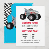 Shark Monster Truck Racing Flag Birthday Party Kaart (Voorkant / Achterkant)