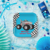 Shark Monster Truck Racing Flag Birthday Party Papieren Bordje (Feest)