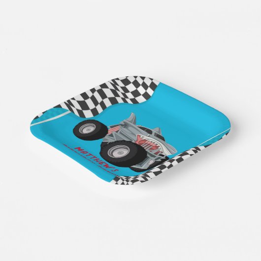 Shark Monster Truck Racing Flag Birthday Party Papieren Bordje (Gebogen)