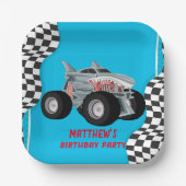 Shark Monster Truck Racing Flag Birthday Party Papieren Bordje (Voorkant)