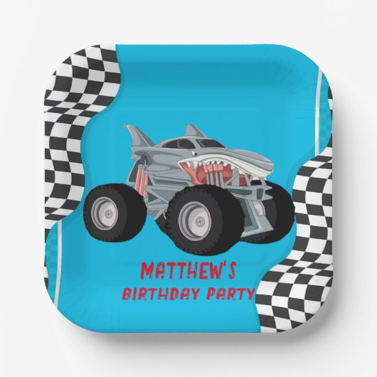Shark Monster Truck Racing Flag Birthday Party Papieren Bordje (Voorkant)