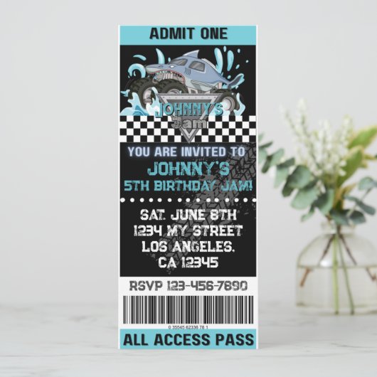 Shark Monster Truck Ticket Verjaardag Uitnodiging (Staand voorkant)