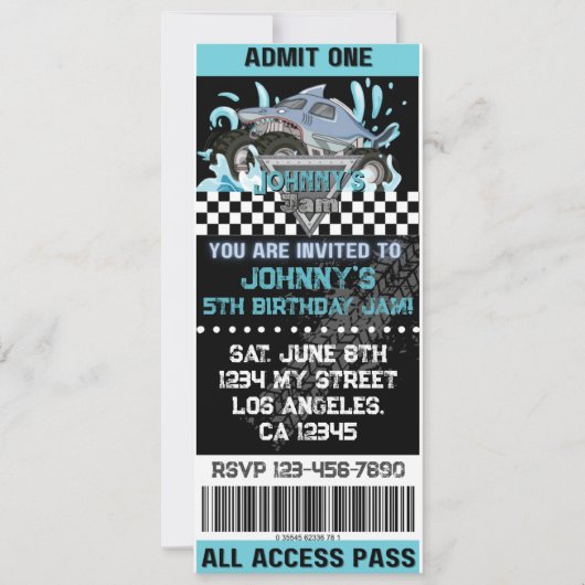 Shark Monster Truck Ticket Verjaardag Uitnodiging (Voorkant)