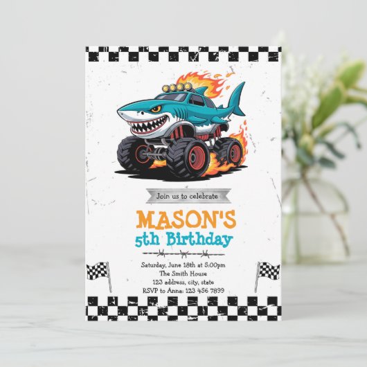 Shark Monster Truck verjaardagsfeestje Uitnodiging (Staand voorkant)
