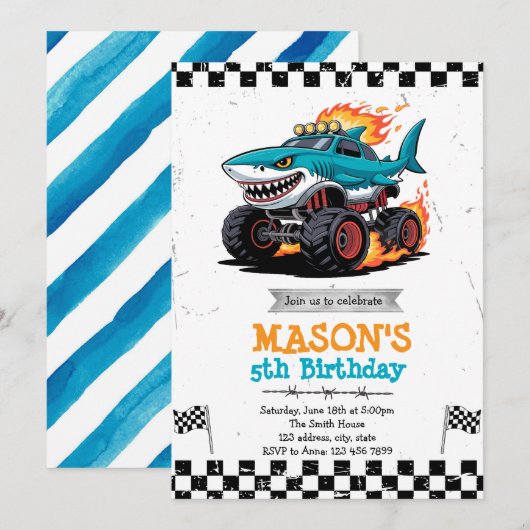 Shark Monster Truck verjaardagsfeestje Uitnodiging (Voorkant / Achterkant)