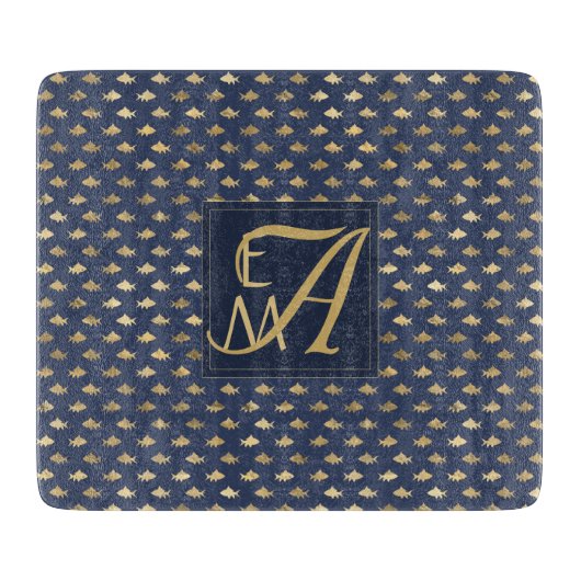Shark Navy Blue Gold Monogram Home Decor Passen ge Snijplank (Voorkant)