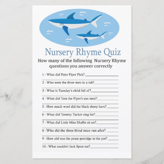 Shark Nursery Rhyme Quiz baby shower game (Voorkant)