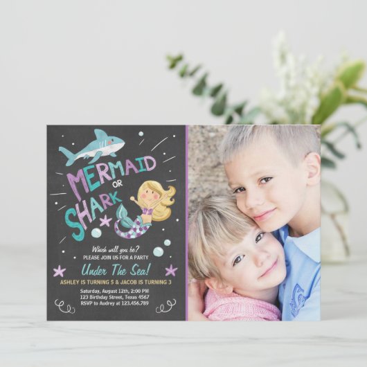 Shark of Mermaid verjaardagsuitnodiging Gezamenlij Kaart (Staand voorkant)