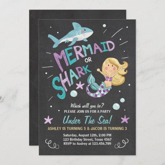 Shark of Mermaid verjaardagsuitnodiging Gezamenlij Kaart (Voorkant / Achterkant)