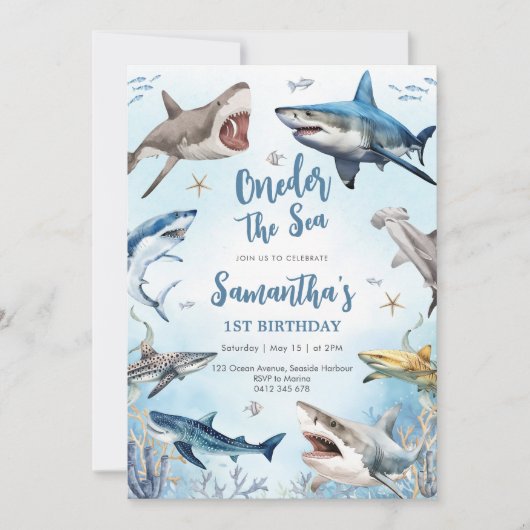Shark Oneder The Sea 1st Birthday Invitation Kaart (Voorkant)