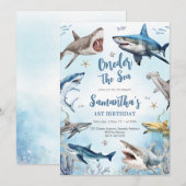 Shark Oneder The Sea 1st Birthday Invitation Kaart (Voorkant / Achterkant)