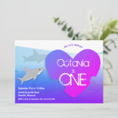 Shark Paars Pink First Birthday Party Invitation Kaart (Staand voorkant)