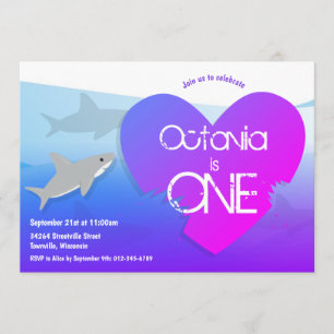 Shark Paars Pink First Birthday Party Invitation Kaart
