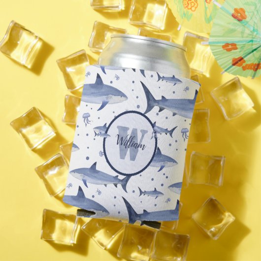 Shark Pattern 🦈 Naam + Waterverf Monogram Blikjeskoeler (Insitu Zomer)