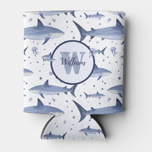 Shark Pattern 🦈 Naam + Waterverf Monogram Blikjeskoeler (Voorkant)