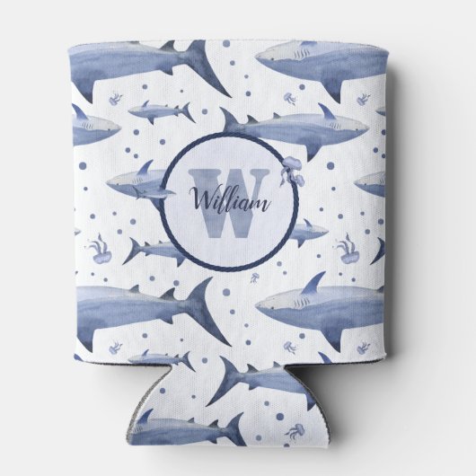 Shark Pattern 🦈 Naam + Waterverf Monogram Blikjeskoeler (Achterkant)