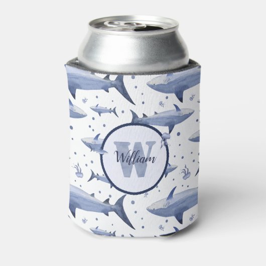 Shark Pattern 🦈 Naam + Waterverf Monogram Blikjeskoeler (Blikje Achterkant)