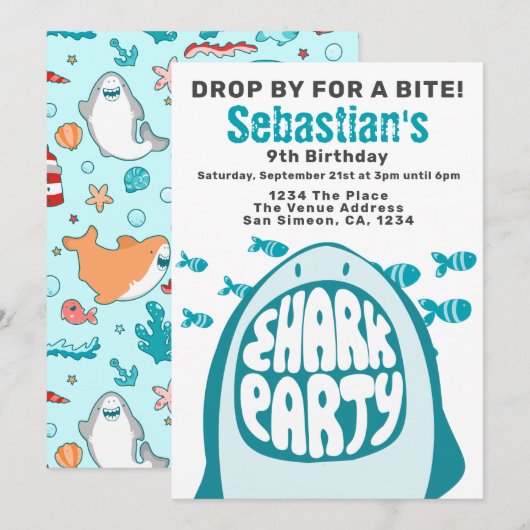 Shark Personalized Birthday Party Kaart (Voorkant / Achterkant)