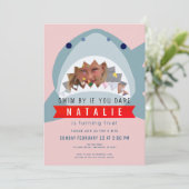 Shark Pink & Navy Blue Pool Girl Foto Verjaardag Kaart (Staand voorkant)