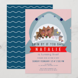 Shark Pink & Navy Blue Pool Girl Foto Verjaardag Kaart