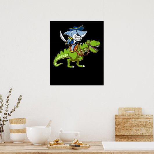 Shark Pirate Riding A T-Rex Dinosaur Fantasy Poster (Keuken)