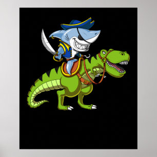 Shark Pirate Riding A T-Rex Dinosaur Fantasy Poster