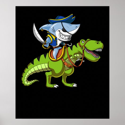 Shark Pirate Riding A T-Rex Dinosaur Fantasy Poster (Voorkant)