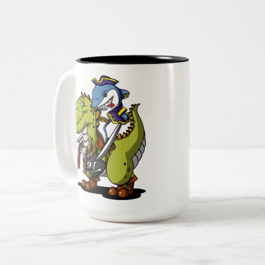 Shark Pirate Riding Funny T-Rex Dinosaur Tweekleurige Koffiemok (Voorkant links)