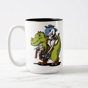 Shark Pirate Riding Funny T-Rex Dinosaur Tweekleurige Koffiemok