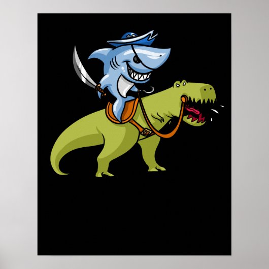 Shark Pirate Riding T-Rex Dinosaur Poster (Voorkant)