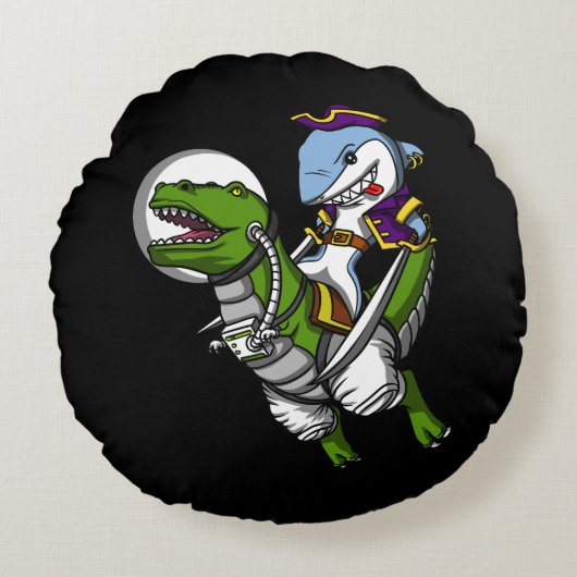 Shark Pirate Riding T-Rex Dinosaur Rond Kussen (Voorkant)