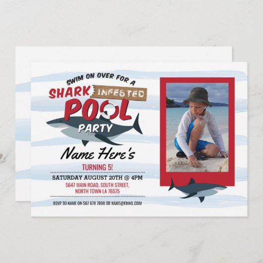 Shark Pool Party Fun Blauwe Foto Verjaardag Uitnod Kaart (Voorkant / Achterkant)