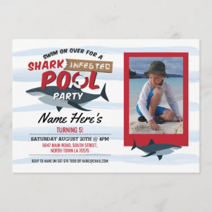 Shark Pool Party Fun Blue Photo Birthday Invite Kaart