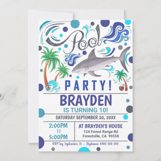 Shark Pool Party Uitnodiging Jongen Pool Party Uit (Voorkant)
