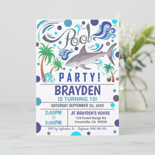Shark Pool Party Uitnodiging Jongen Pool Party Uit (Staand voorkant)