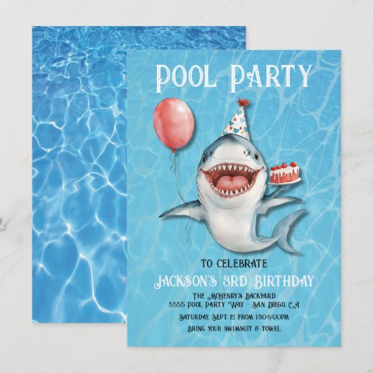 Shark Pool Party verjaardagstaart Ballon Kaart (Voorkant / Achterkant)