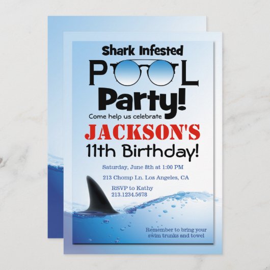 Shark Pool Party Zwemmen Verjaardag Uitnodiging (Voorkant / Achterkant)