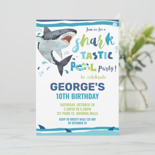 Shark Pool Verjaardagsfeestje Shark-tastic Jongen Kaart (Staand voorkant)