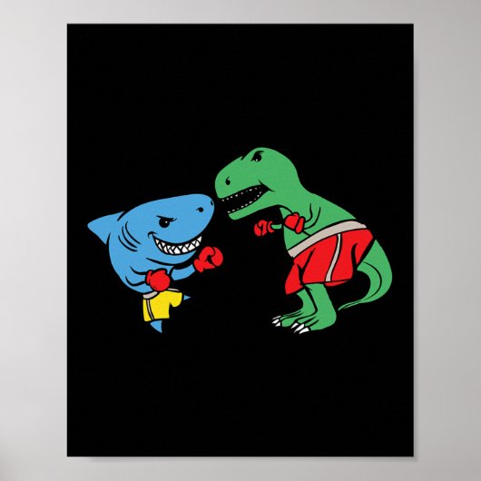 Shark Punching T-rex dinosaurus Funny Fighting Box Poster (Voorkant)