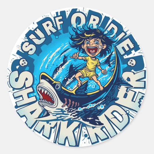 Shark Rider. Surf of Die Ronde Sticker (Voorkant)