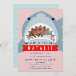 Shark Roze Zwembad Meisje Foto Verjaardag Kaart
