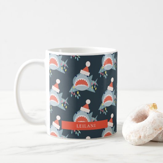 Shark Santa Kerstfeestay Licht Navy Blue Koffiemok (Met donut)