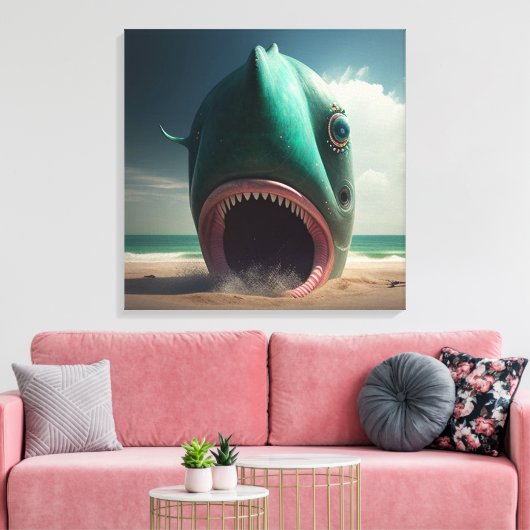 Shark sculpture on the beach canvas afdruk (Insitu (Woonkamer))