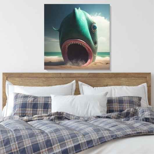 Shark sculpture on the beach canvas afdruk (Insitu (Slaapkamer))