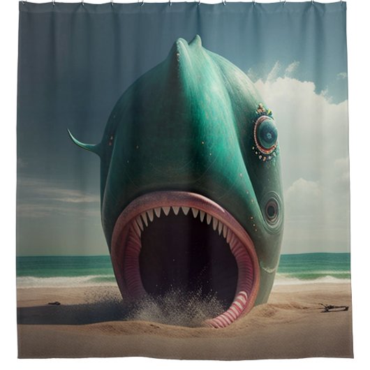 Shark sculpture on the beach douchegordijn (Voorkant)